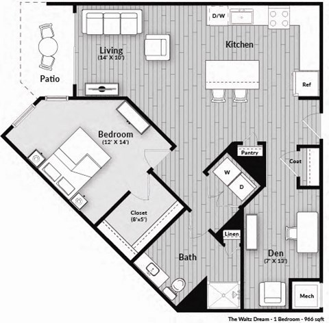 Floor plan for 1 bed, 1 bath, 966 sqft